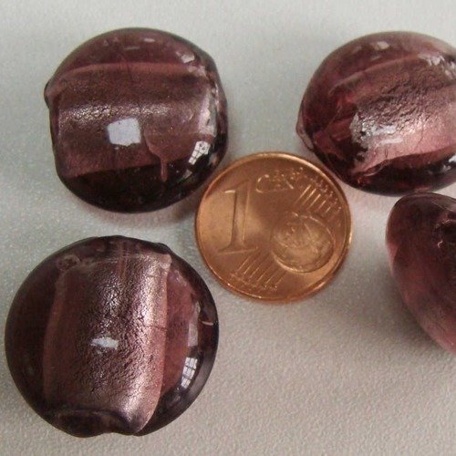 4 perles galets 20mm violet rond plat verre façon murano feuille argentée diy création bijoux