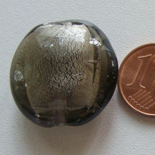 2 perles galets 25mm gris rond plat verre façon murano feuille argentée diy création bijoux