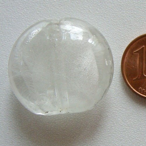 2 perles galets 25mm transparent rond plat verre façon murano feuille argentée diy création bijoux