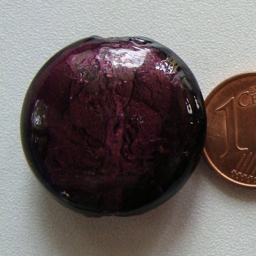 2 perles galets 25mm violet rond plat verre façon murano feuille argentée diy création bijoux