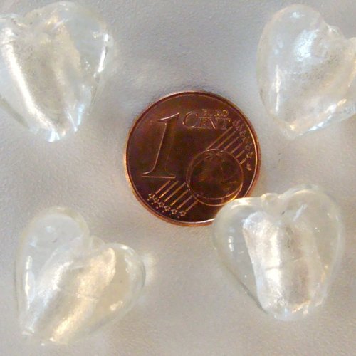 6 perles coeurs 15mm transparent verre façon murano feuille argentée diy création bijoux