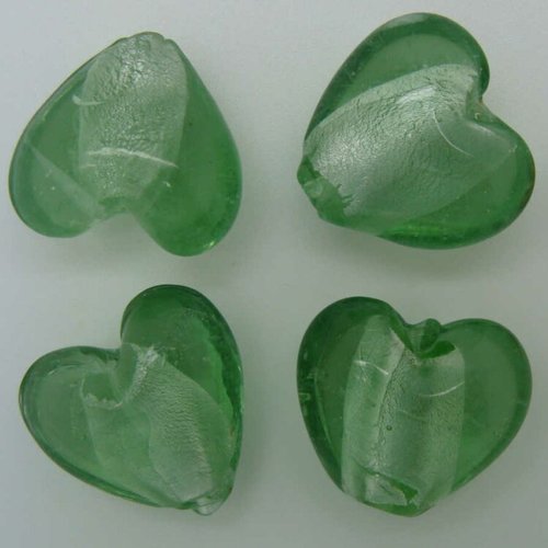 4 perles coeurs 20mm vertes verre façon murano feuille argentée diy création bijoux