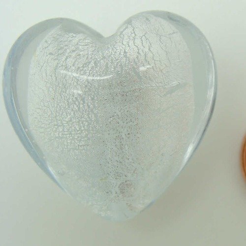 1 perle coeur 28mm transparent verre façon murano feuille argentée diy création bijoux