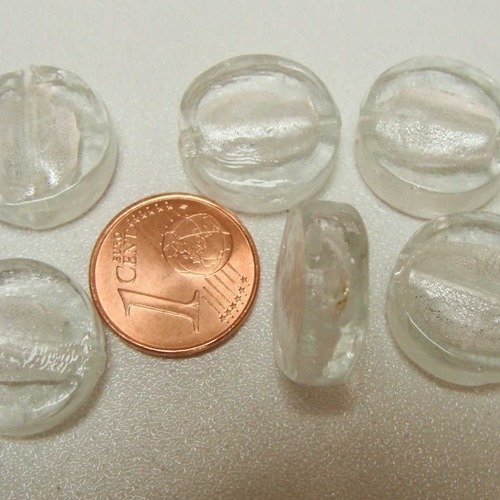 4 perles rondelles 16mm transparent rond plat verre façon murano feuille argentée diy création bijoux