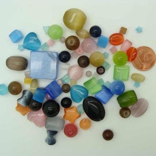 Lot 72 perles verre oeil de chat mix tailles formes et couleurs aléatoires création bijoux