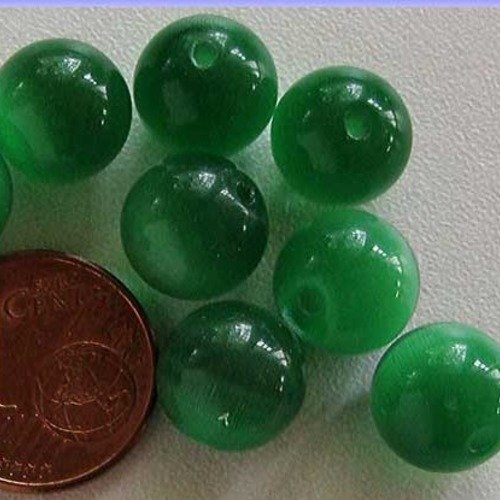 10 perles rondes 10mm vert emeraude verre oeil de chat diy création bijoux