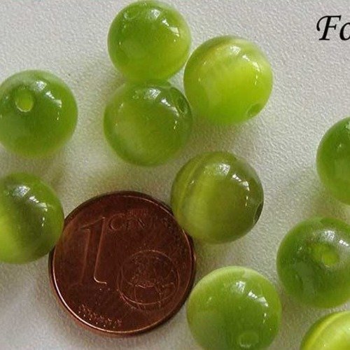 10 perles rondes 10mm vert olive verre oeil de chat diy création bijoux