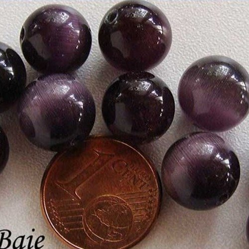 10 perles rondes 10mm violet foncé verre oeil de chat diy création bijoux