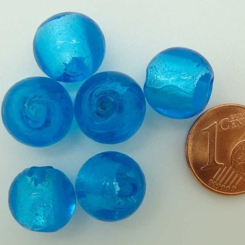 6 perles rondes 12mm bleu vif verre façon murano feuille argentée diy création bijoux