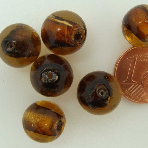 6 perles rondes 12mm marron foncé verre façon murano feuille argentée diy création bijoux