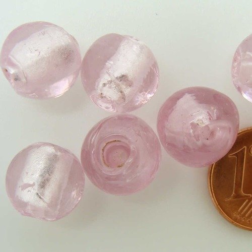 6 perles rondes 12mm roses verre façon murano feuille argentée diy création bijoux