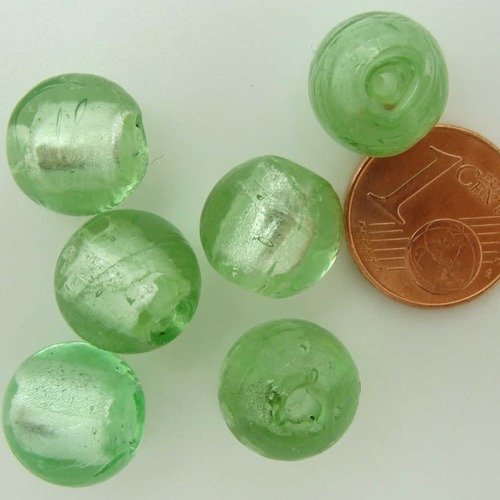 6 perles rondes 12mm vert verre façon murano feuille argentée diy création bijoux