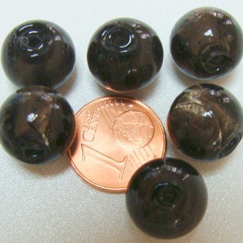 6 perles rondes 12mm gris foncé verre façon murano feuille argentée diy création bijoux