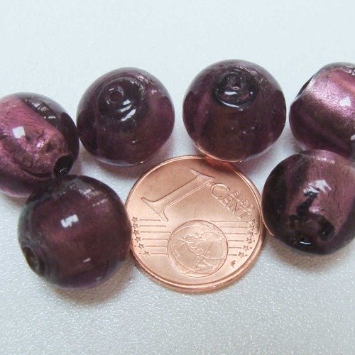 6 perles rondes 12mm violet verre façon murano feuille argentée diy création bijoux