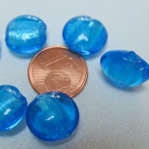6 perles galets 12mm bleu vif verre façon murano feuille argentée diy création bijoux