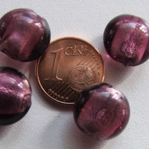 6 perles galets 12mm violet verre façon murano feuille argentée diy création bijoux
