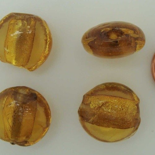 6 perles galets 15mm marron doré verre façon murano feuille argentée diy création bijoux