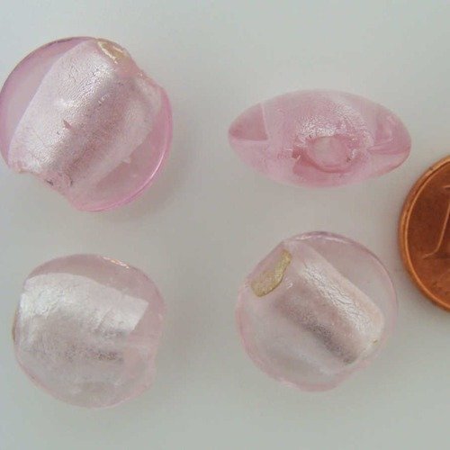 6 perles galets 15mm rose verre façon murano feuille argentée diy création bijoux
