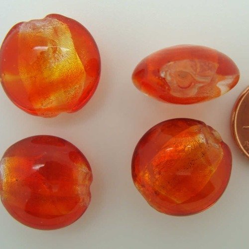 6 perles galets 15mm rouge orangé verre façon murano feuille argentée diy création bijoux