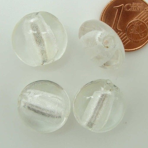 6 perles galets 15mm transparent verre façon murano feuille argentée diy création bijoux