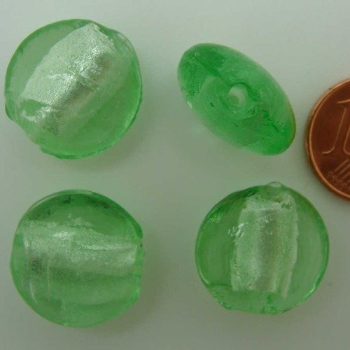 6 perles galets 15mm vert verre façon murano feuille argentée diy création bijoux