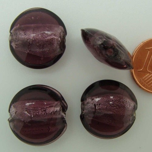 6 perles galets 15mm violet verre façon murano feuille argentée diy création bijoux