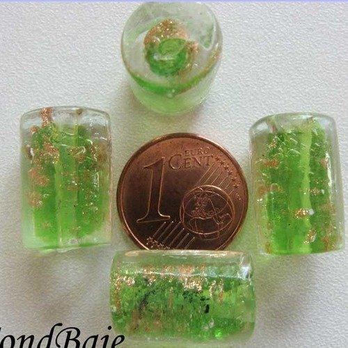 4 perles tubes 15mm verre lampwork vert avec touches dorées