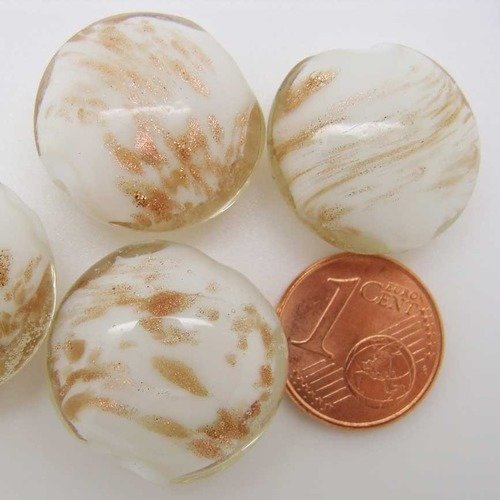 4 perles galets 20mm verre lampwork blanc avec touches dorées