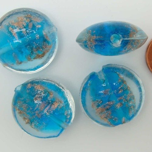 4 perles galets 20mm verre lampwork bleu avec touches dorées