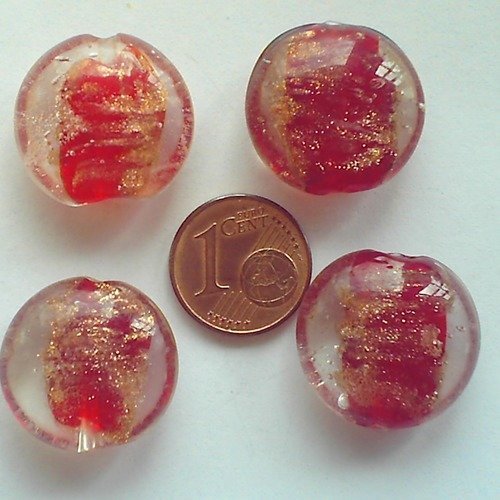 4 perles galets 20mm verre lampwork rouge avec touches dorées