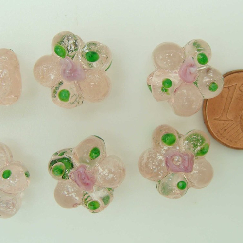 6 perles fleurs 15mm verre lampwork rose ajout rose et vert création bijoux
