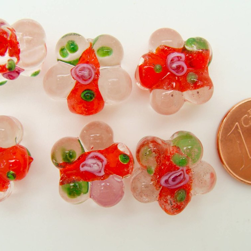 6 perles fleurs 15mm verre lampwork rouge ajout rose et vert création bijoux