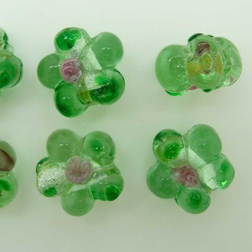 6 perles fleurs 15mm verre lampwork vert ajout rose et vert création bijoux