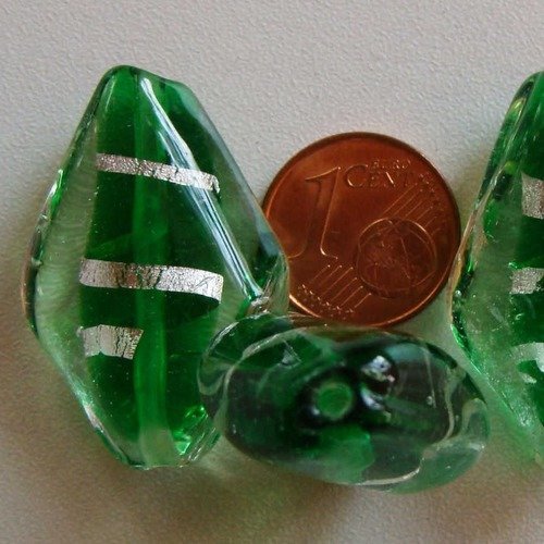 2 perles vert 30mm losange twist verre lampwork ruban argenté diy création bijoux