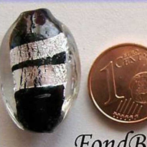 2 perles galets ovales 23mm noir verre lampwork ruban argenté diy création bijoux