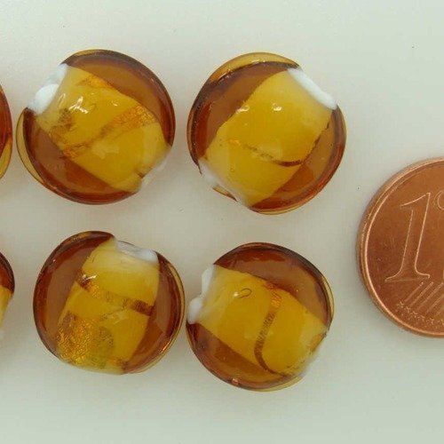 6 perles galets rond 12mm miel foncé verre lampwork ruban argenté diy création bijoux