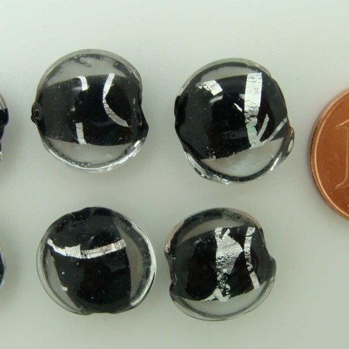 6 perles galets rond 12mm noir verre lampwork ruban argenté diy création bijoux