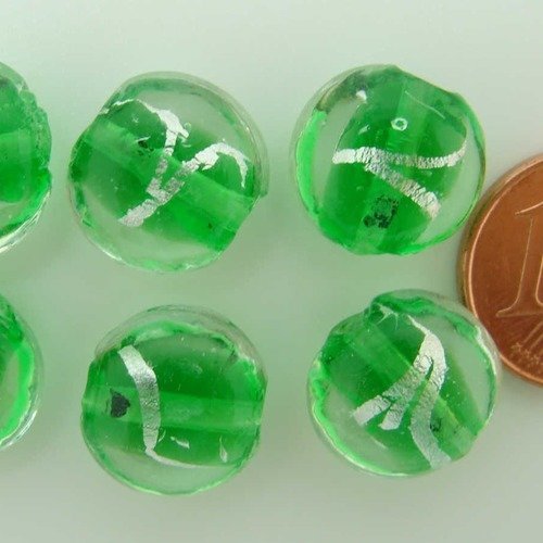 6 perles galets rond 12mm vert verre lampwork ruban argenté diy création bijoux