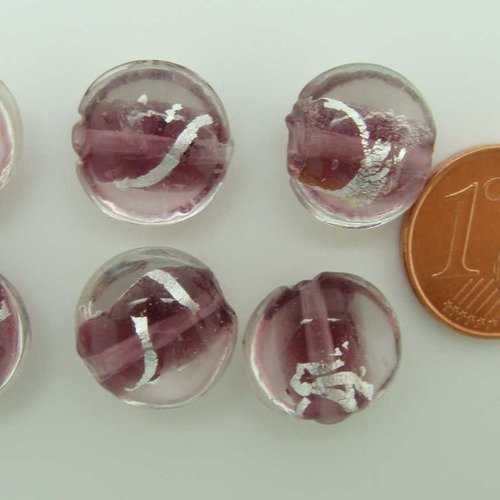 6 perles galets rond 12mm violet verre lampwork ruban argenté diy création bijoux