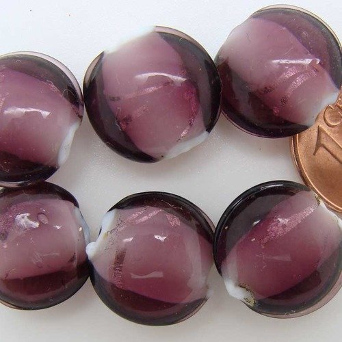 6 perles galets rond 12mm violet foncé verre lampwork ruban argenté diy création bijoux