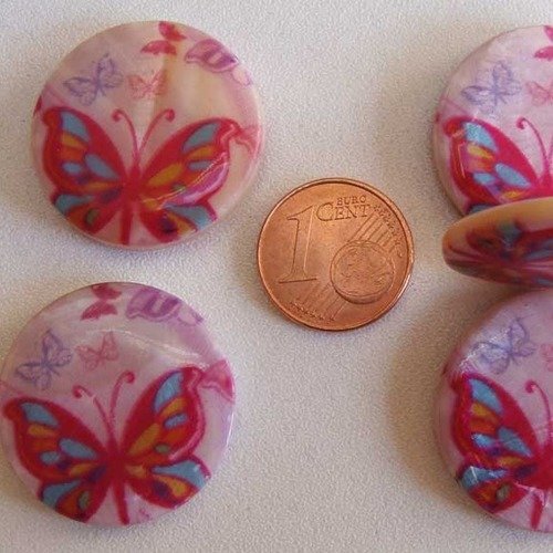 5 perles disques ronds 25mm nacre imprimé papillon pn11