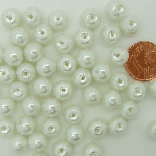 50 perles 8mm verre peint aspect nacré rondes blanc