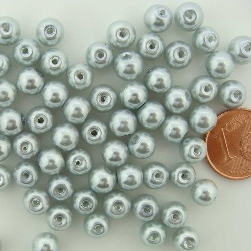 68 perles 6mm verre peint aspect nacré rondes gris argente