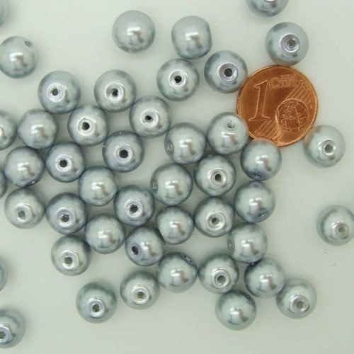 50 perles 8mm verre peint aspect nacré rondes gris argente
