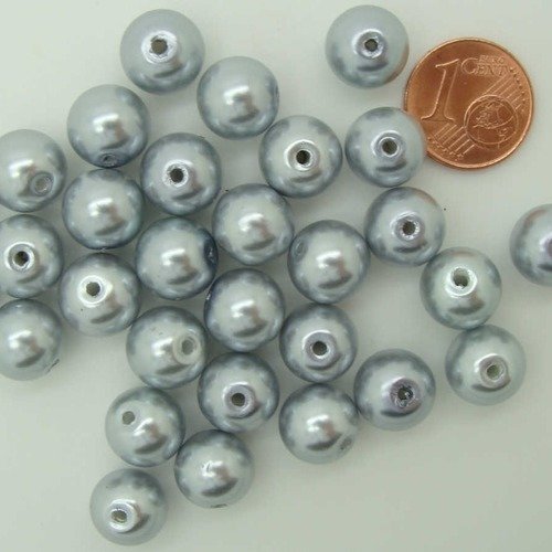 30 perles 10mm verre peint aspect nacré rondes gris argenté