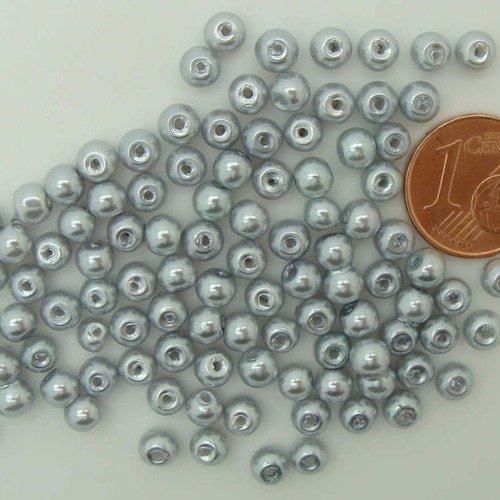 100 perles 4mm verre peint aspect nacré rondes gris argente