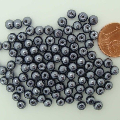 100 perles 4mm verre peint aspect nacré rondes gris fonce