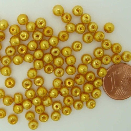 100 perles 4mm verre peint aspect nacré rondes jaune dore
