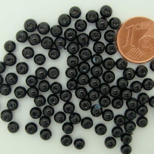 100 perles 4mm verre peint aspect nacré rondes noir