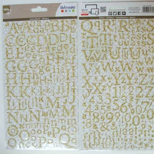 300 pcs stickers doré pailleté alphabet chiffres lettres 2 planches 24,5x14cm artemio 